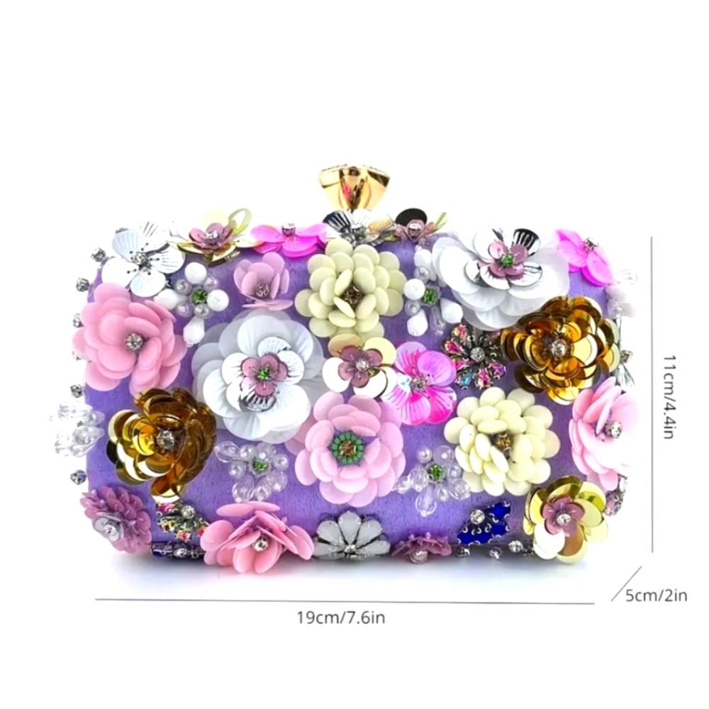 Stunning STATEMENT Clutch ~ 3D Beaded Flowers 🌸🏵 Rhinestones 💎, Metal Closure - Picture 3 of 9